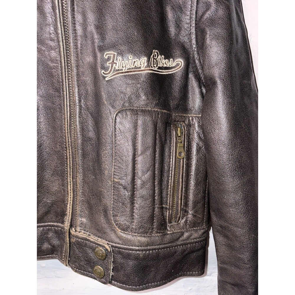 Vintage Women’s Flying Bikes Oakwood Brown Leather Flight Biker Jacket Small - Picture 2 of 13